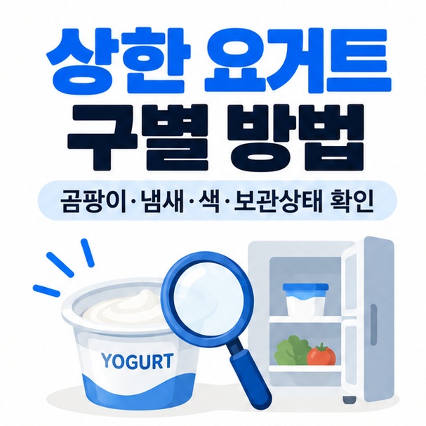 요거트 컵과 돋보기 아이콘을 중심으로 상한 요거트 구별 방법 문구를 보여주는 대표 카드뉴스 이미지