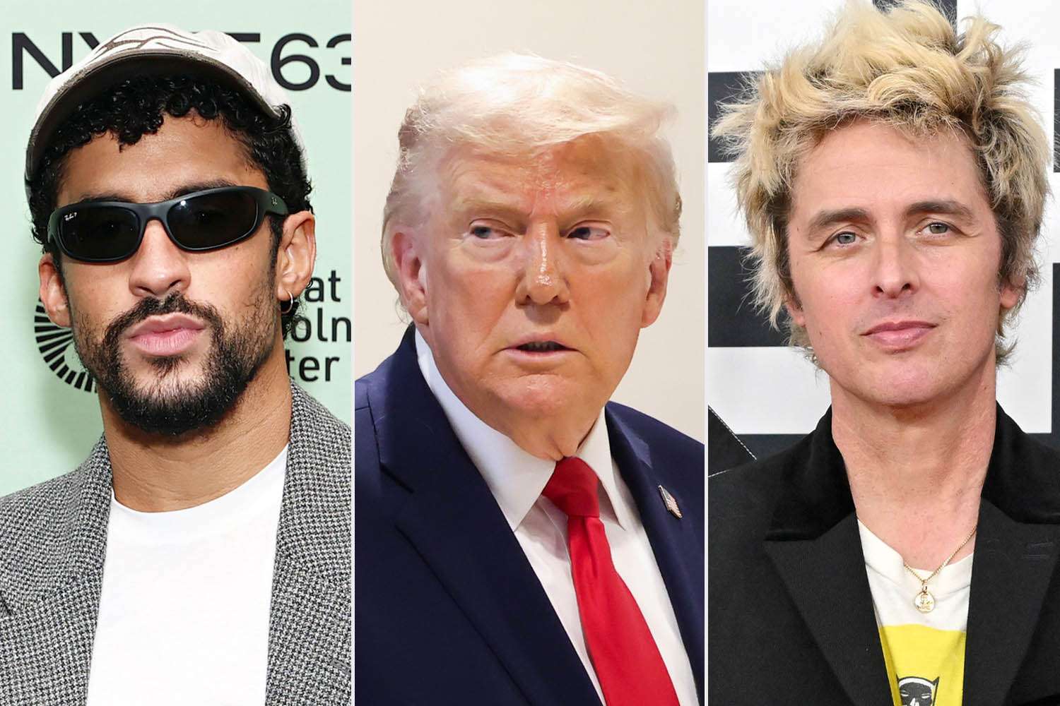 President Donald Trump (center), Bad Bunny (left), and Green Day's Billy Joe Armstrong (right)