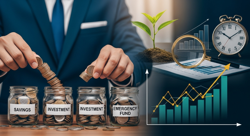 자산 규모별 금융 습관 분석과 초보자를 위한 종잣돈 마련 전략을 시각적으로 표현한 이미지. 저축, 투자, 재정 계획을 상징하는 다양한 요소들이 조화롭게 배치되어 있습니다.