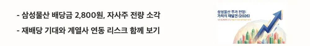 삼성물산 주가 전망: '삼성물산 배당금 2,800원, 자사주 전량 소각'이라는 문구가 포함된 웹배너 이미지. 이 이미지는 2025년 결산배당과 자사주 전량 소각이라는 확정 주주환원, 그리고 재배당 기대와 계열사 주가 연동 리스크를 시각적으로 전달하며, 블로그의 삼성물산 주가 전망과 관련된 내용을 설명함