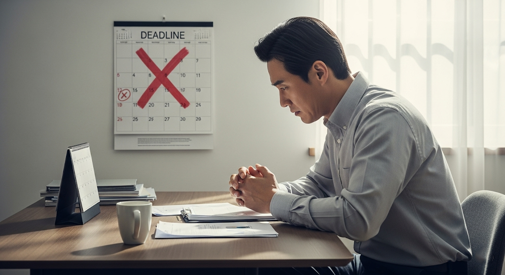 지원금 신청 마감일을 놓친 듯한 한국인이 달력 앞에 앉아 아쉬운 표정을 짓는 장면