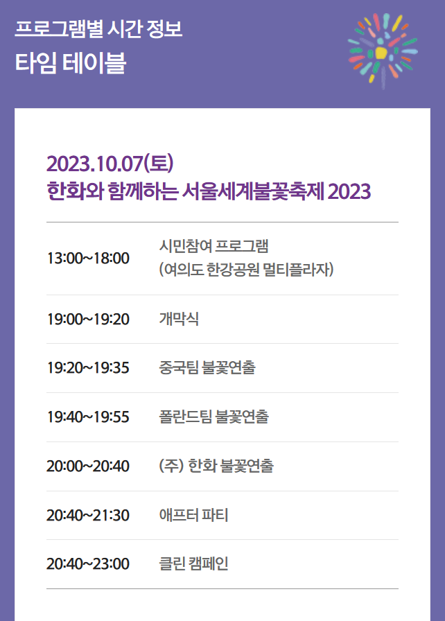 서울세계불꽃축제2023-타임테이블