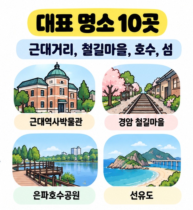 군산 대표 명소를 근대거리, 철길마을, 호수, 섬 네 가지 분위기로 정리한 카드