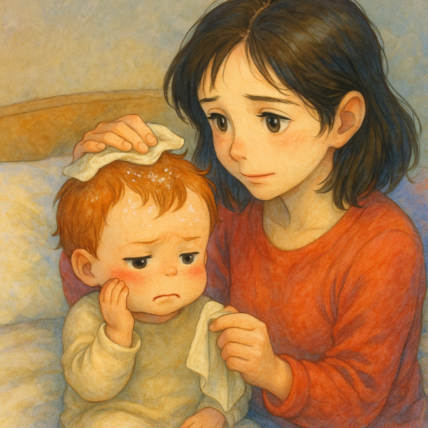 "유아 지루성 피부염으로 머리에 각질이 생긴 아기를 걱정스럽게 돌보는 엄마의 모습, 따뜻한 지브리풍 수채화 스타일 일러스트"