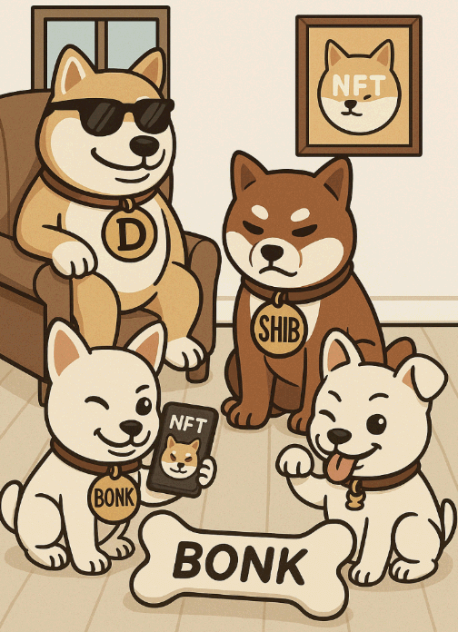 &lsquo;커뮤니티가 만든 Solana 기반 밈코인, BONK 등장&rsquo;이라는 주제를 시각적으로 표현한 대표 이미지. BONK 캐릭터가 NFT를 들고 있고, DOGE와 SHIB 캐릭터와 함께 소파에 모여 있는 장면을 통해 밈코인 계열 내에서 BONK의 철학적 정체성과 Web3 실험 정신을 보여주며, 블로그의 서론 메시지를 시각적으로 요약함 (BONK meme coin, Solana NFT, Web3 meme evolution).