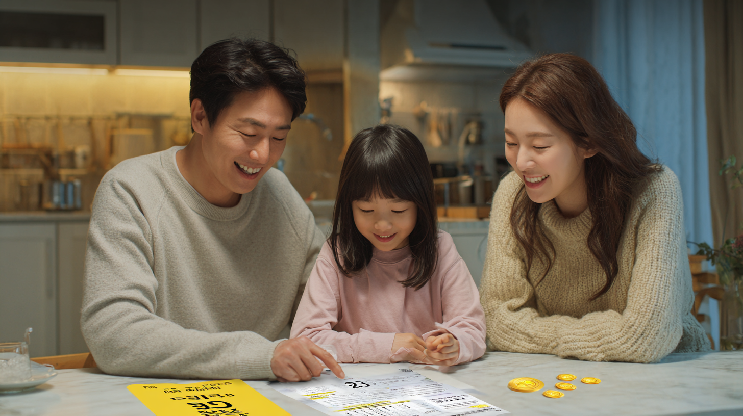 부엌 식탁에서 달력과 은행 명세서를 함께 확인하는 한국 가족, &lsquo;25일&rsquo; 날짜와 동전 아이콘이 강조되어 있음