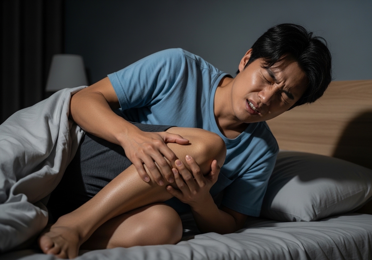 밤에 종아리 근육 경련으로 불편함을 느끼는 사람