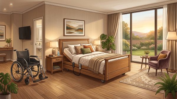 휠체어 접근이 용이한 넓은 호텔 객실과 세련된 전동 침대가 배치된 숙소