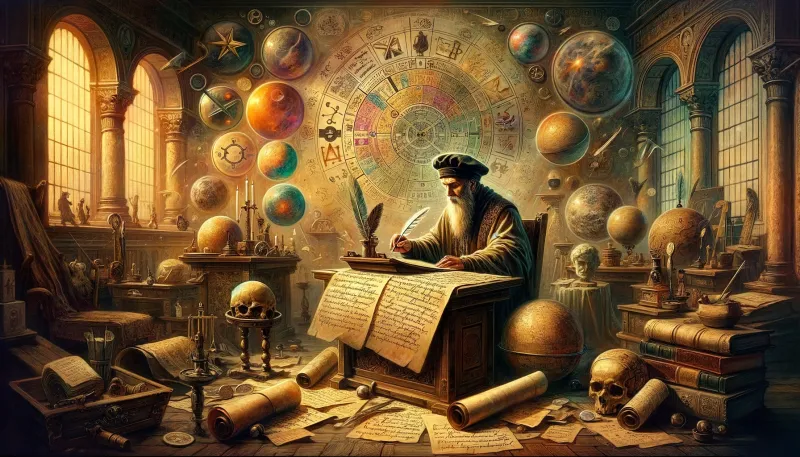 16세기 프랑스의 예언자 노스트라다무스가 예언을 하는 과정을 예술적으로 묘사한 작품입니다. 이미지는 노스트라다무스의 예언 활동을 상징하는 요소로 둘러싸인 역사적 배경을 담고 있어야 합니다. 그의 환상적인 통찰력을 암시하는 고대 두루마리, 깃펜, 천체, 모호하고 신비로운 상징과 같은 이미지를 포함하십시오. 환경은 그가 살았던 시대를 반영해야 하며 신비롭고 신비한 느낌을 가미하여 그의 수수께끼 같은 예언의 본질을 포착하고 있습니다.