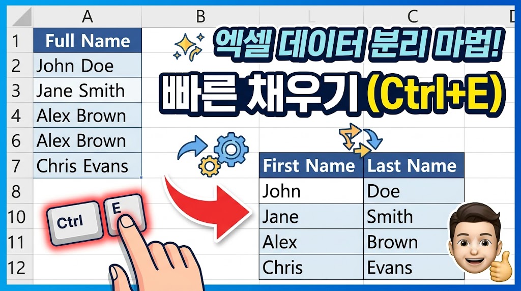 엑셀 시트에서 이름, 주소, 전화번호가 합쳐진 열을 빠른 채우기 단축키 Ctrl+E로 자동 분리하는 모습