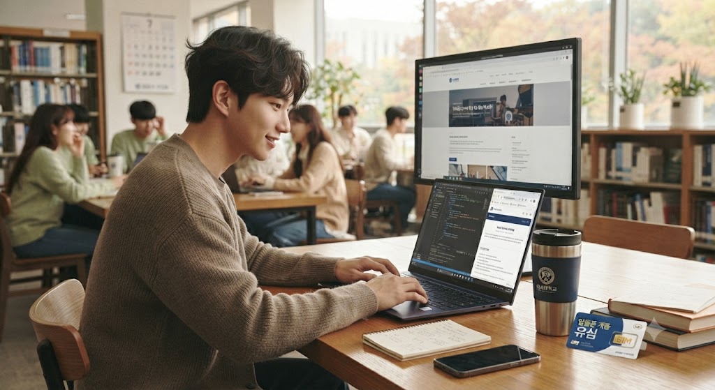 스마트초이스 홈페이지에서 통신 미환급 조회하는 청년의 모습