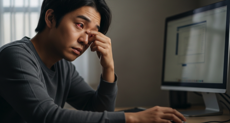 렌즈 착용 후 충혈과 이상 신호를 확인하는 모습