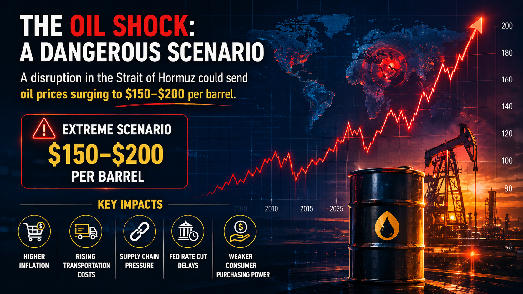 Global oil prices surging as fears grow over a potential Strait of Hormuz supply disruption.