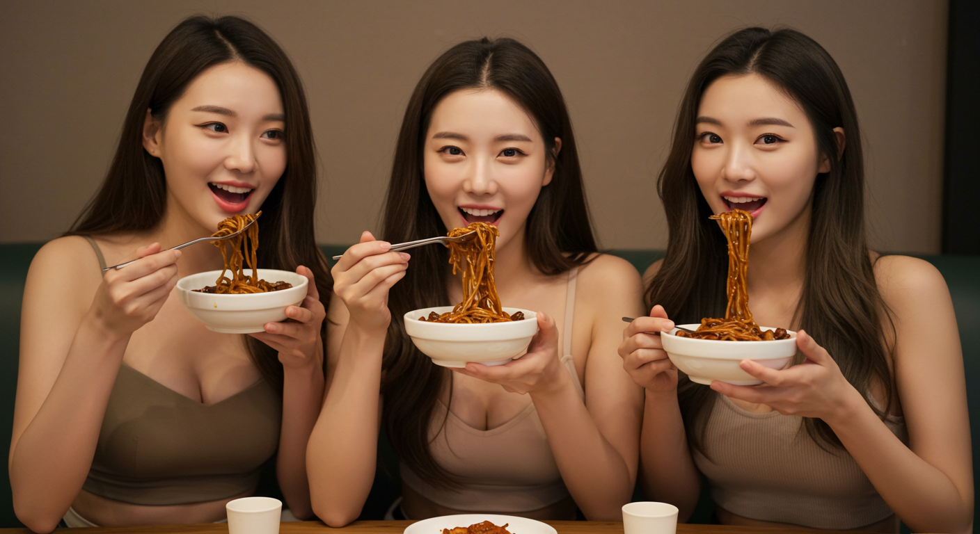 짜장면을 먹고있는 여성들
