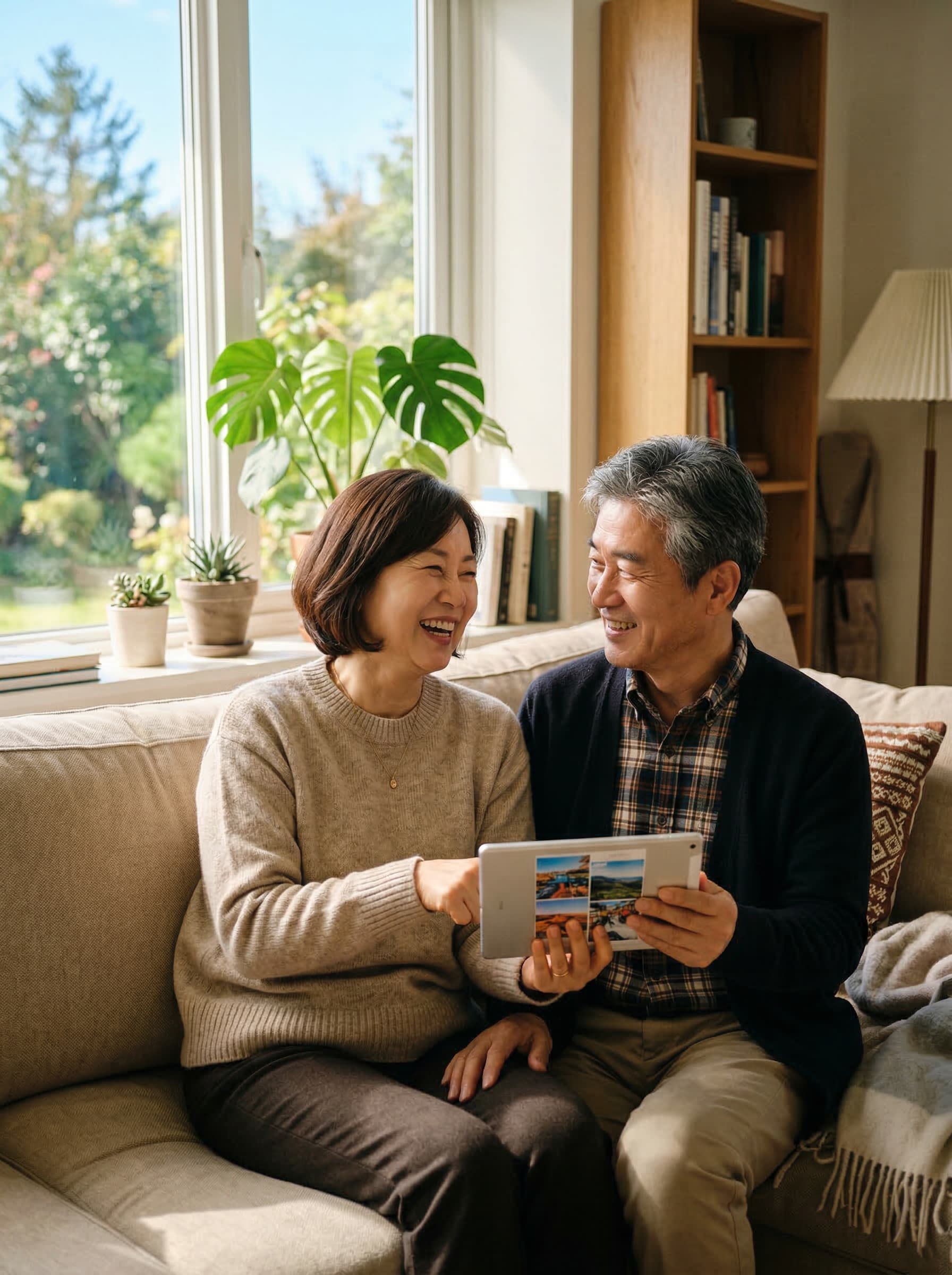 거실 창가에서 태블릿 PC를 이용해 노후 자금과 연금을 확인하며 대화하는 중년 부부