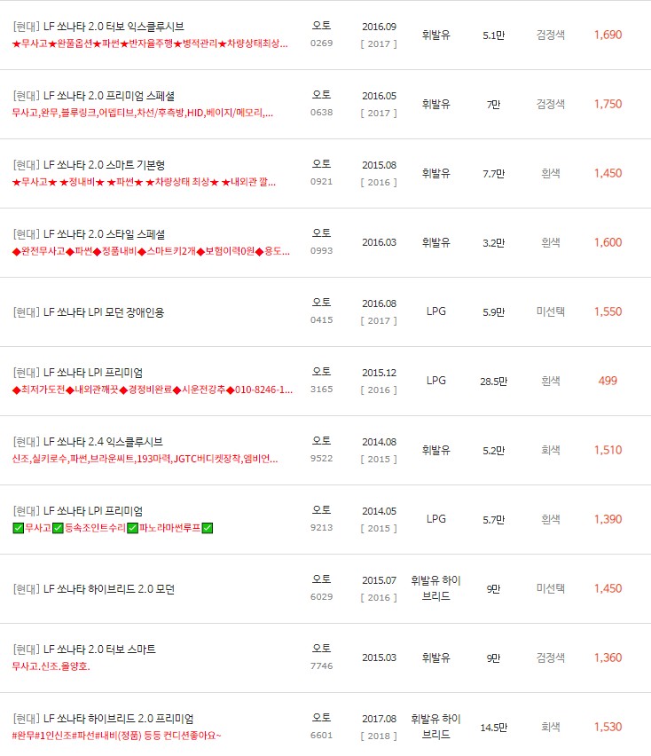 LF 쏘나타 중고차 시세 : 450만원~1,830만원