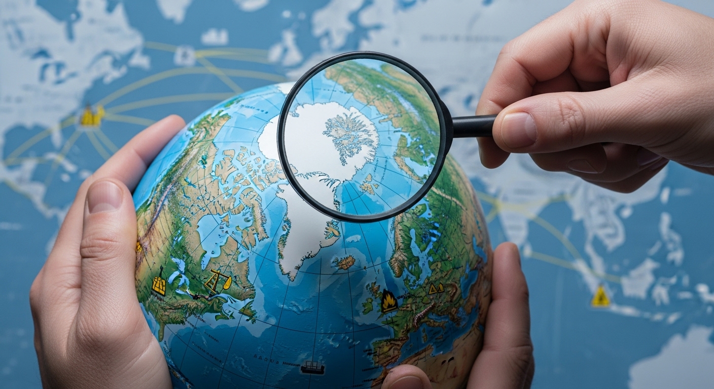 북극 지역의 지구본을 확대경으로 살펴보며 그린란드의 전략적 위치를 강조하는 모습