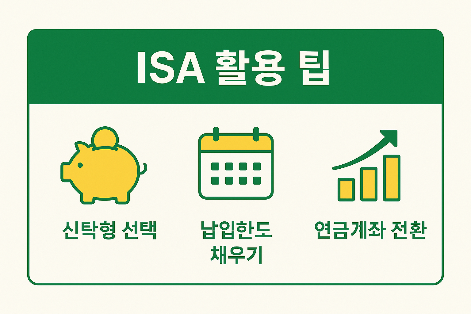 ISA 계좌를 효율적으로 활용하기 위한 방법으로 신탁형 선택, 납입한도 채우기, 연금계좌 전환 등 절세 효과를 극대화하는 전략을 담은 이미지입니다.
