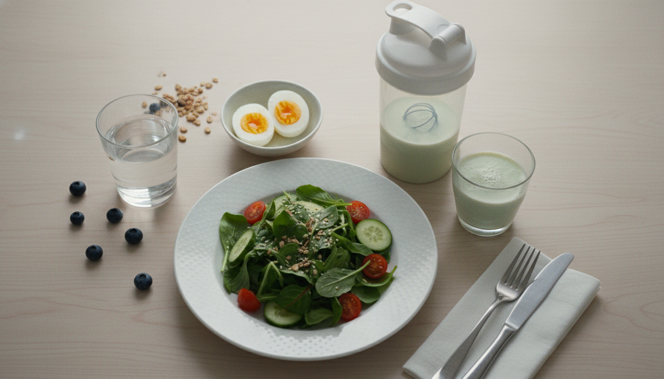 균형 잡힌 아침 식사 테이블 세팅: 샐러드, 삶은 계란, 그리고 그 옆에 놓인 단백질 쉐이커 보틀. 건강한 라이프스타일 컨셉에 초점. 하이 앵글 샷.