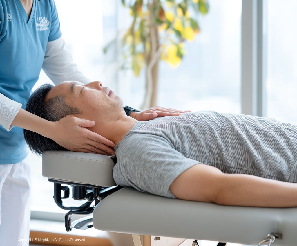 물리치료사가 환자의 목을 받쳐주는 자세 교정 치료 장면