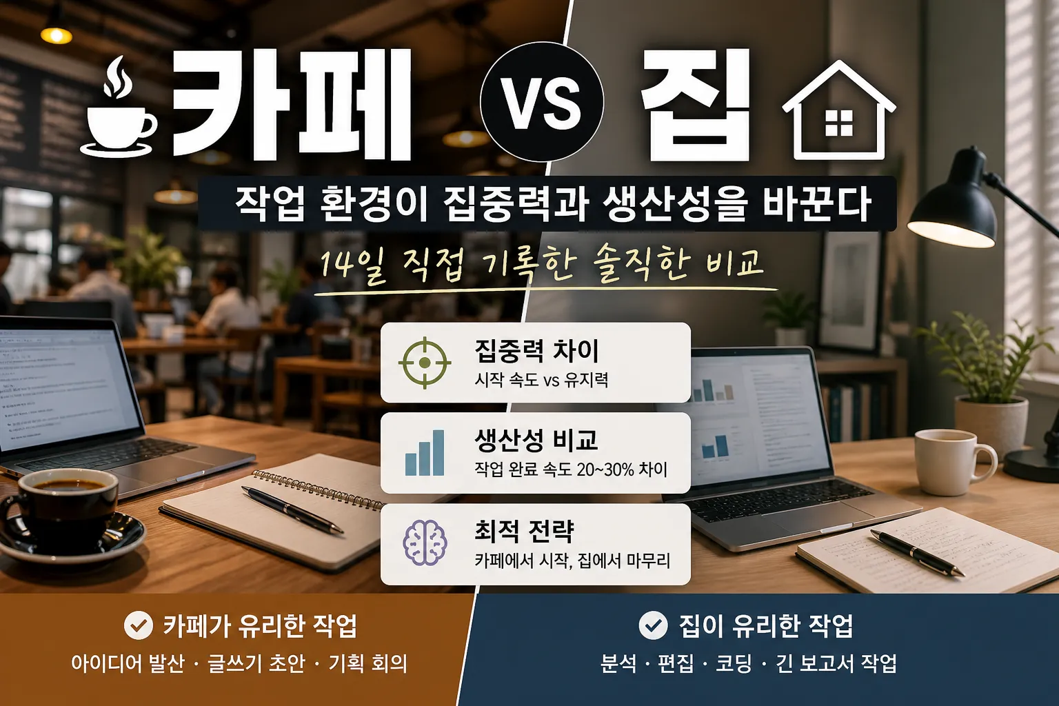 카페 vs 집 작업 비교 (작업환경, 집중력, 생산성전략)