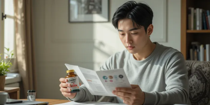 다이소 영양제 라벨을 읽는 남성