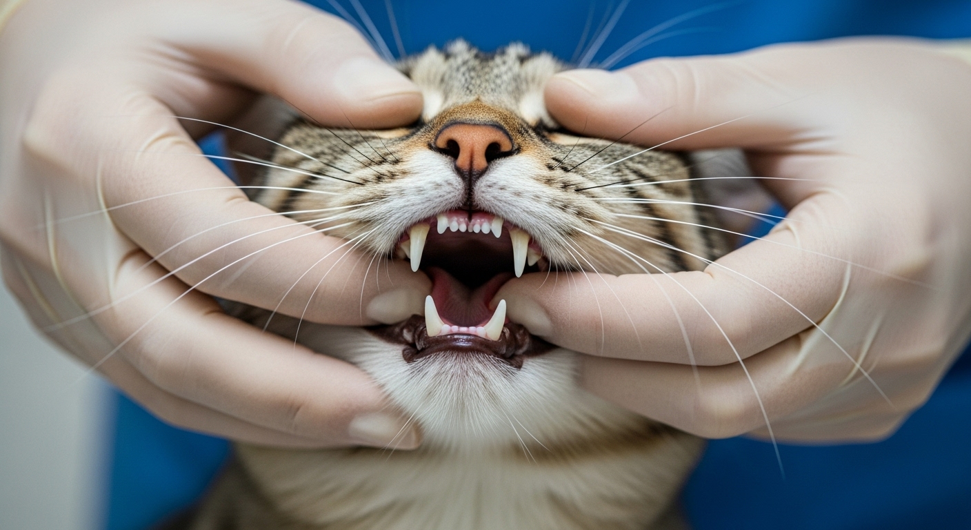 수의사가 고양이의 치아 건강을 확인하고 있다.