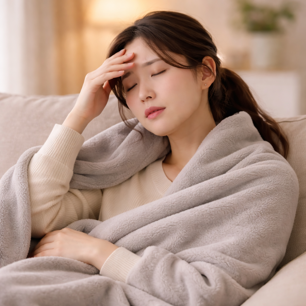 인후염과 함께 발열이나 피로감을 느끼며 휴식하는 모습