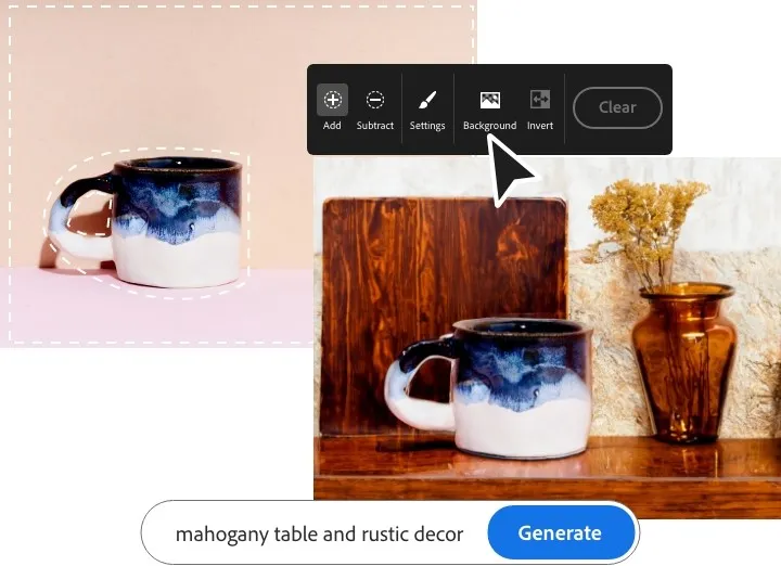 Adobe 공식 예시: 머그컵 사진의 단순한 배경을 목재 테이블과 꽃병이 있는 장면으로 변경