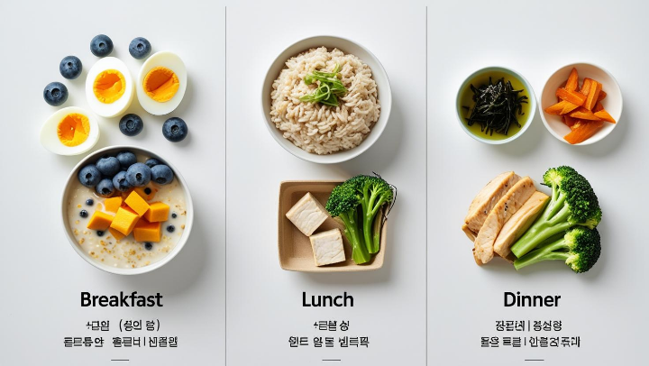 뼈 건강과 혈당 안정을 위한 아침, 점심, 저녁 식단 구성표 이미지
