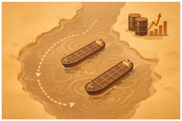 호르무즈 해협을 지나는 유조선과 에너지 운송 리스크를 표현한 이미지