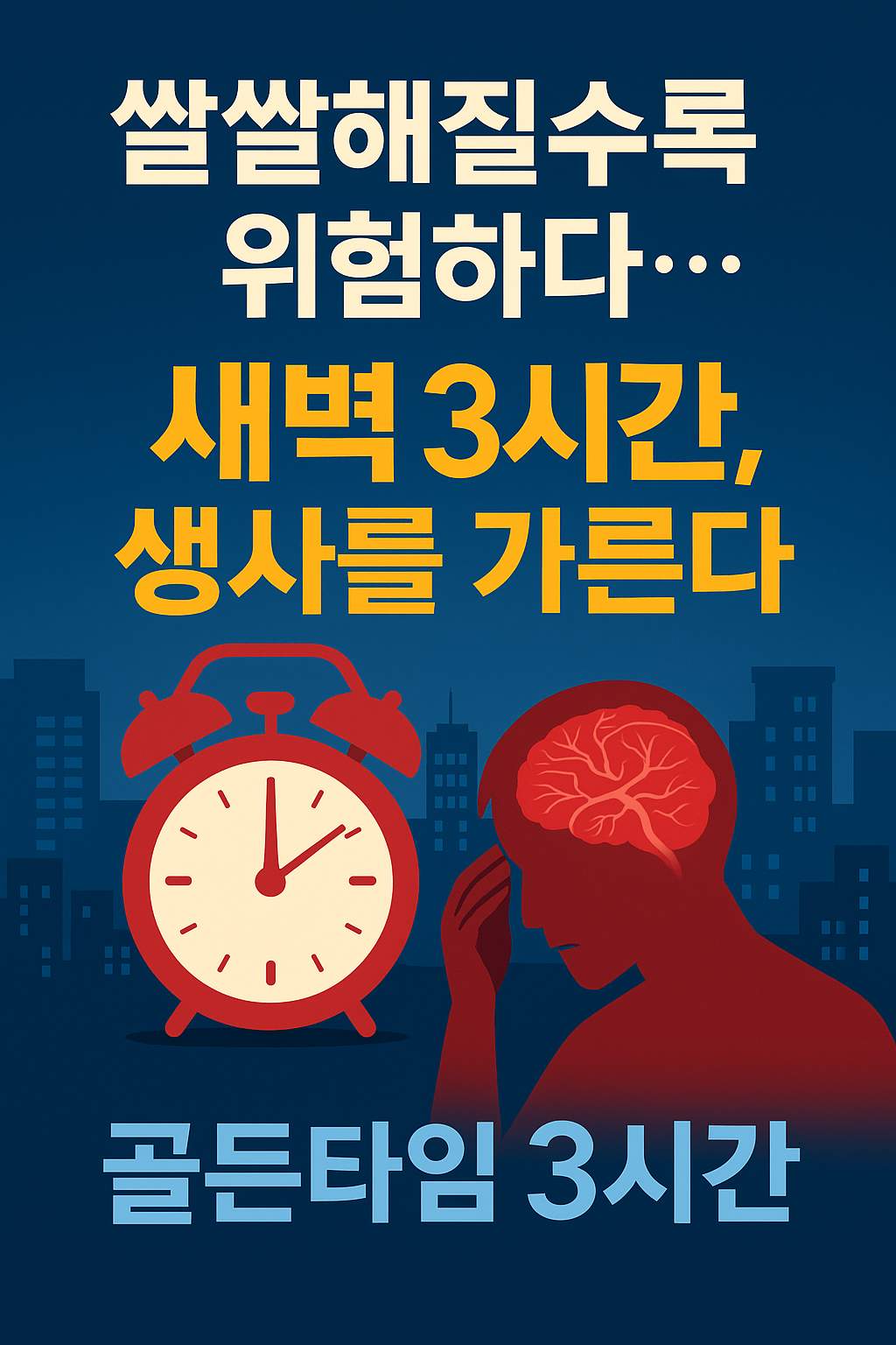 “겨울 새벽 차가운 공기 속에서 뇌졸중 위험을 경고하는 인포그래픽. 시계와 뇌혈관 이미지가 겹쳐 있으며 ‘쌀쌀해질수록 위험하다’, ‘뇌졸중 생사 가르는 3시간의 법칙’ 문구가 강조된 건강 정보형 썸네일.”