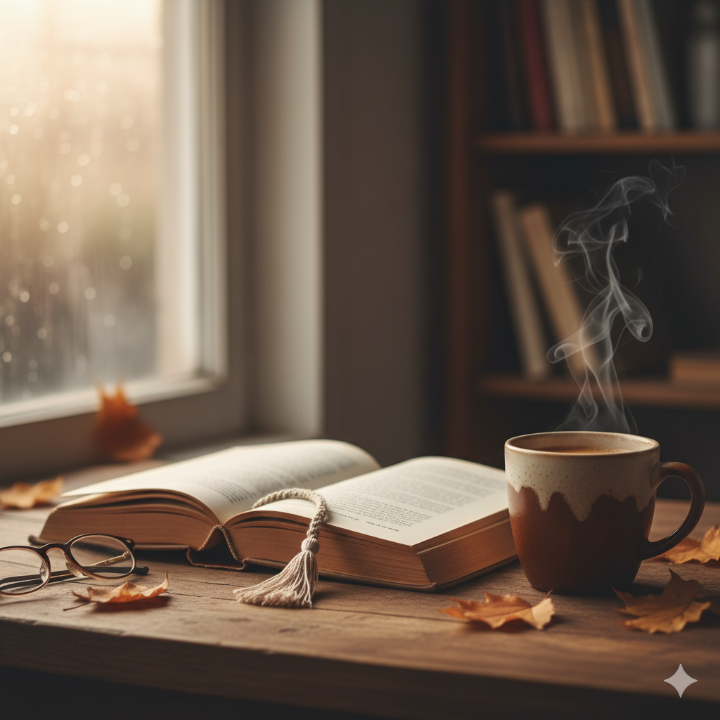 책갈피가 끼워진 책과 따뜻한 커피 한 잔, 차분한 조명