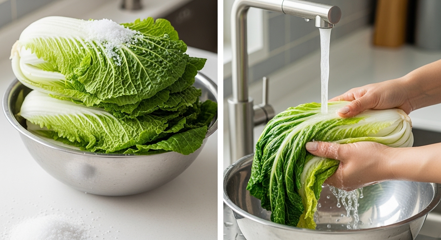 김장 배추를 소금물에 절여 물기를 빼는 과정.