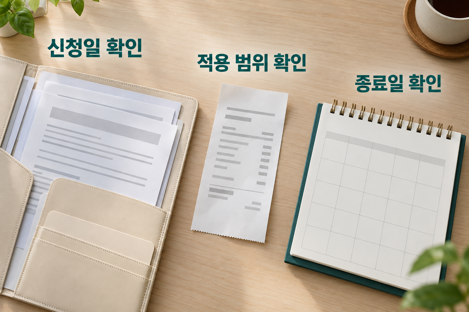신청일 확인 문서지갑, 적용 범위 확인 진료비 내역, 종료일 확인 달력이 놓인 책상