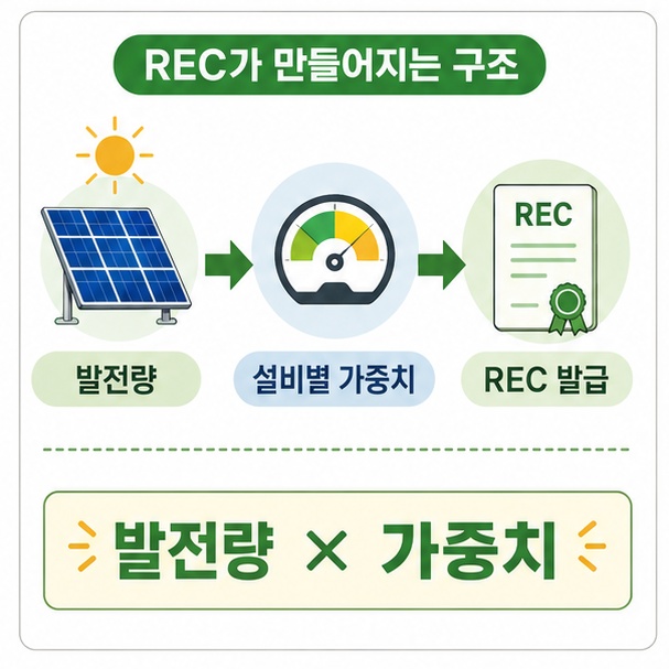 신재생에너지 발전량에 설비별 가중치를 적용해 REC가 발급되는 구조를 설명한 이미지