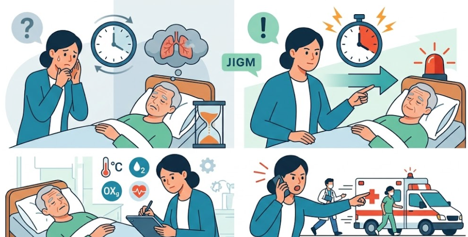 부모의 호흡 악화 상황에서 보호자가 지켜보다가 기록 후 즉시 119를 호출하는 의사결정 흐름 일러스트