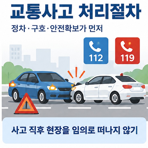 교통사고 처리절차라는 제목과 사고 차량 비상등 112 119 보험사 신고 아이콘을 함께 표현한 대표 이미지