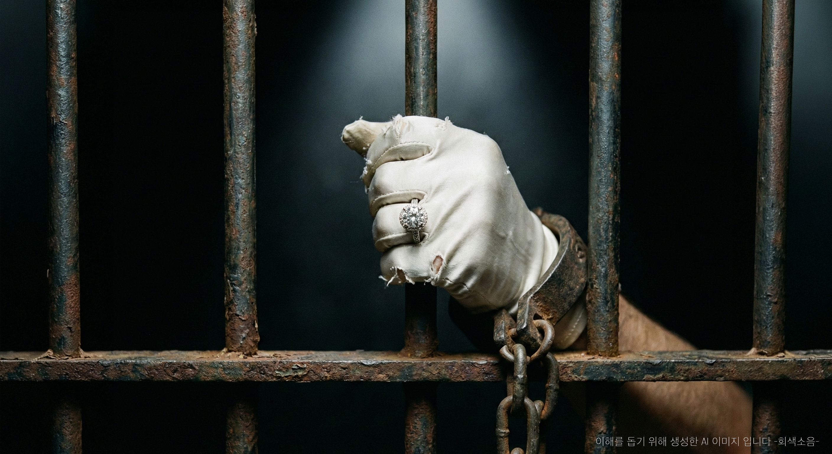 우아한 구속 : 값비싼 흰 실크 장갑과 다이아 반지를 낀 손이 녹슨 수갑에 묶인 채 차가운 조명 아래 감옥 철창을 움켜쥔, 사치와 억압의 대비가 선명한 매크로 장면.