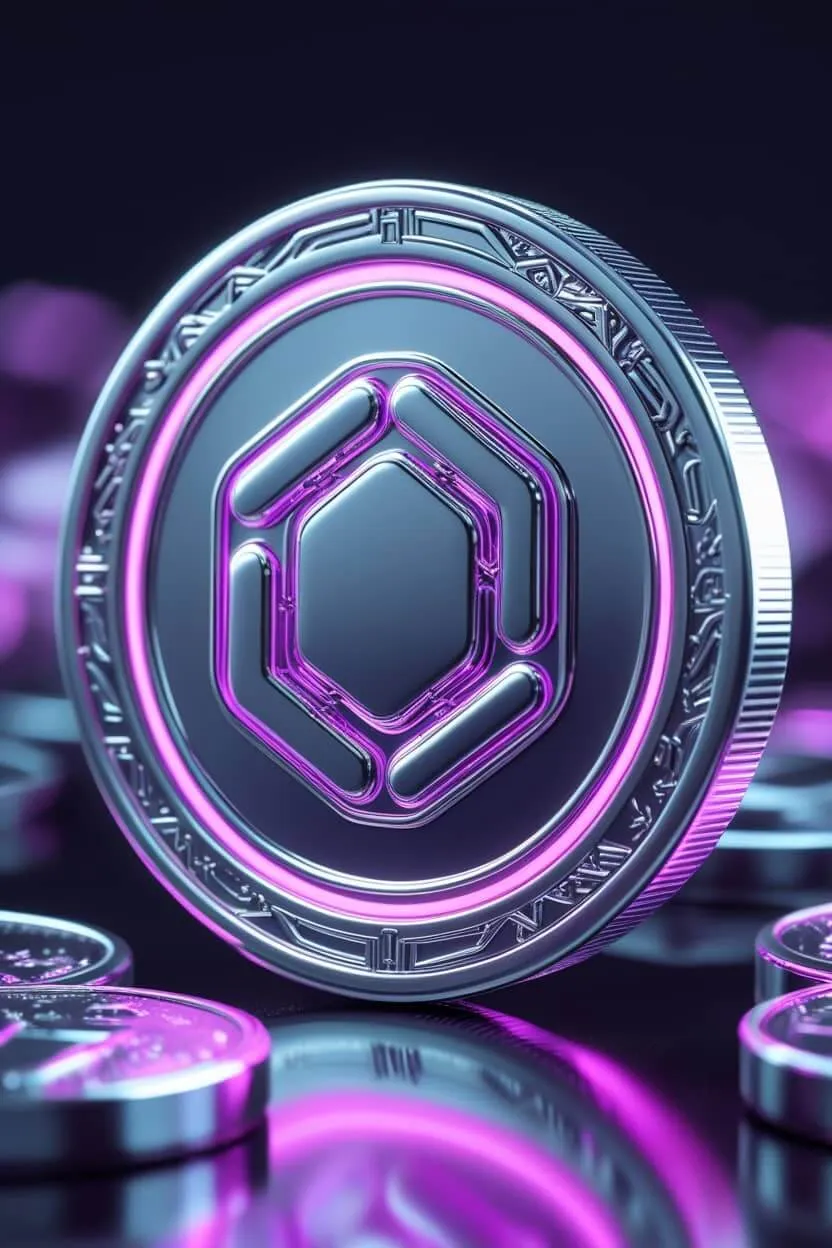 체인링크 코인을 퍼플 메타릭 형태로 구현한 이미지