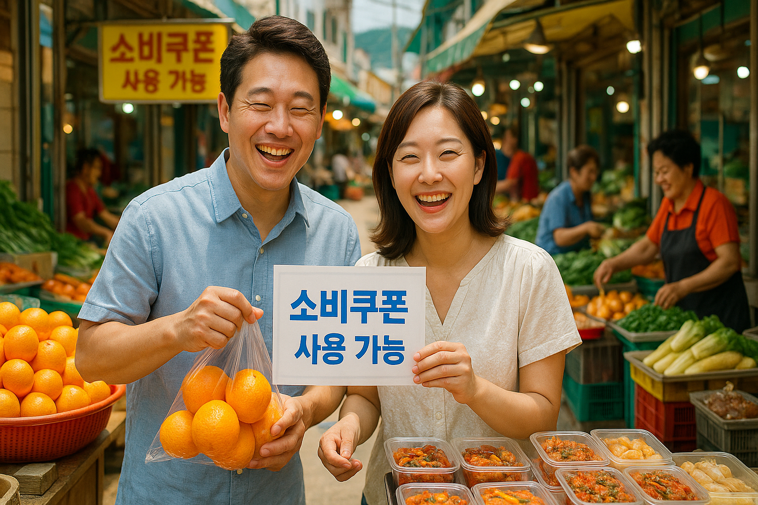 전통시장에서 소비쿠폰을 사용하며 기뻐하는 부부