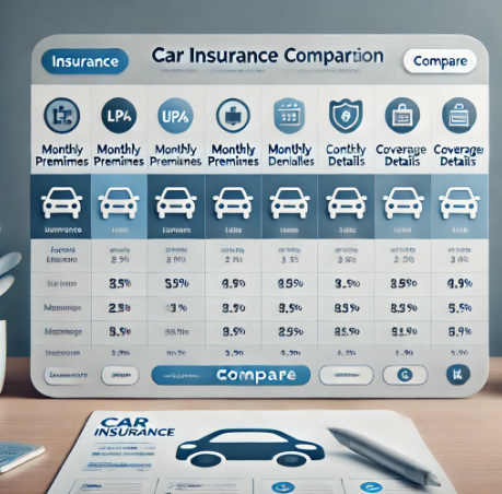 자동차 보험 비교 웹사이트 스크린샷, 월별 보험료, 보장 내용