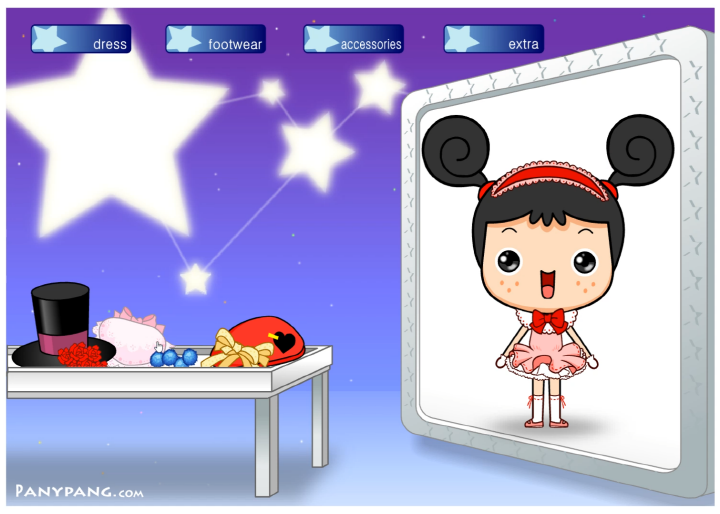 파니팡-옷입히기-플래시게임-플레이-파니팡이-빨간색-레이스-머리띠를-착용한-화면 