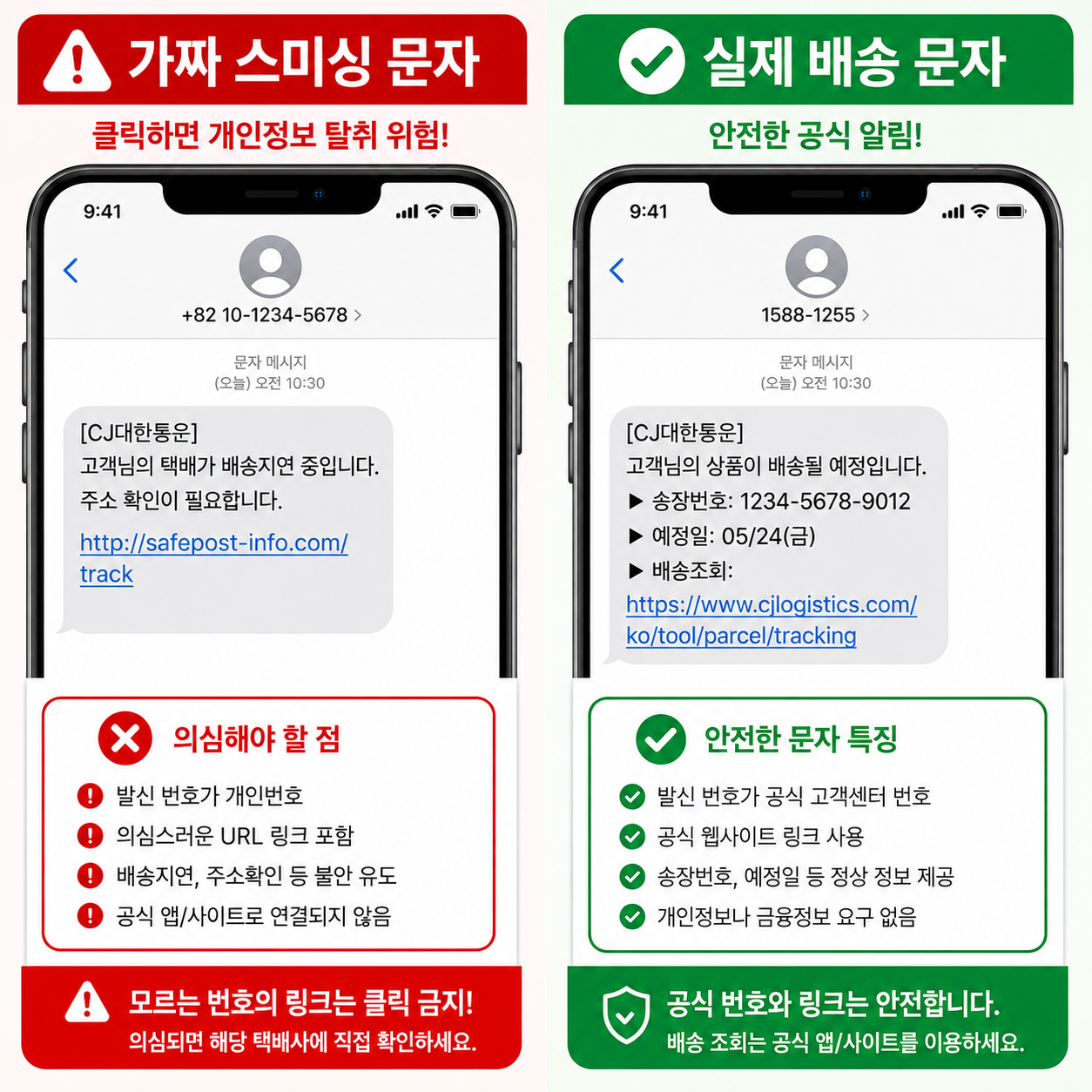 alt="공식 택배사 연락처와 스미싱 문자를 비교해 차이점을 보여주는 안내 이미지"