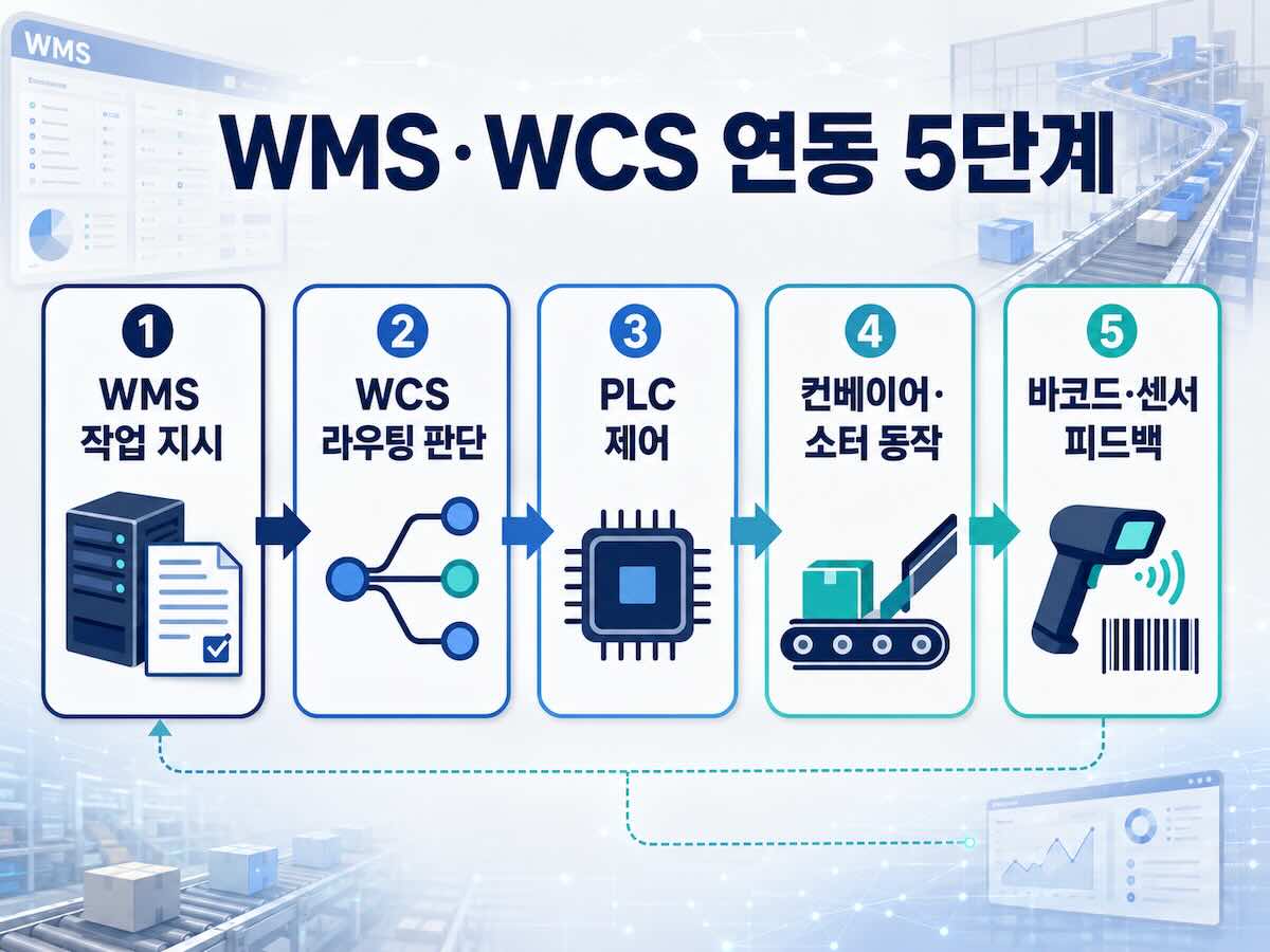 WMS 작업 지시 WCS 라우팅 PLC 제어 컨베이어 소터 동작 바코드 센서 피드백 5단계 흐름도