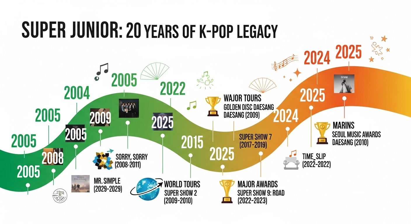 슈퍼주니어의 20년 역사를 보여주는 연도별 주요 활동 타임라인 그래픽.