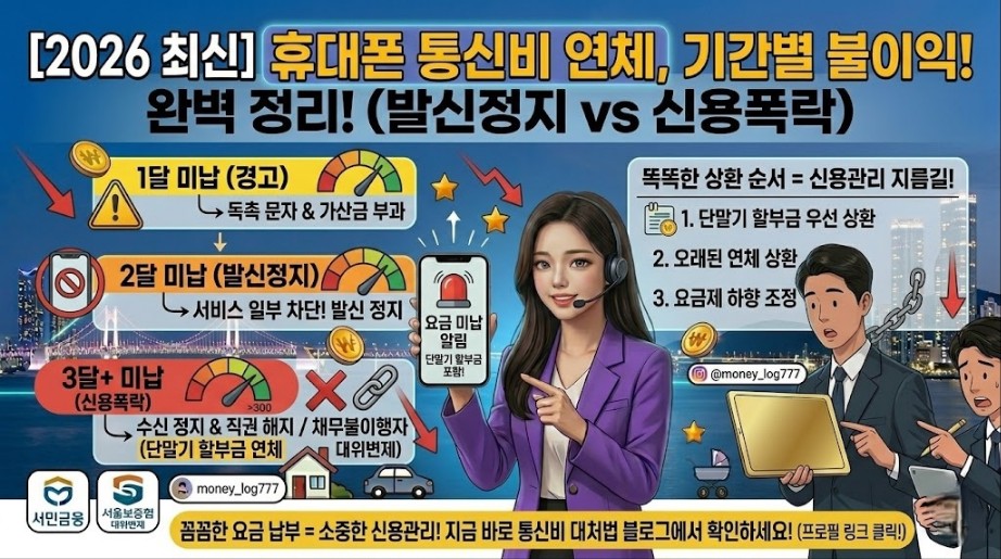 2026년 최신 휴대폰 통신비 연체 시 발생하는 1개월, 2개월 차 발신정지 불이익과 단말기 할부금 미납에 따른 치명적인 신용점수 하락을 시각적인 아이콘으로 직관적으로 경고하는 돈되는 생활정보 블로그 메인 썸네일 이미지