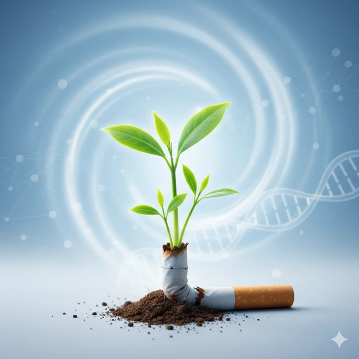 푸른색 배경에 새싹이 돋아나는 실루엣이 있는, 금연 성공과 새로운 시작을 상징하는 이미지.