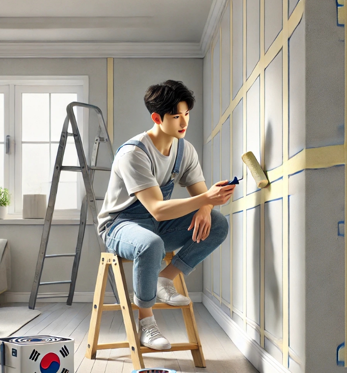 벽 에 페인트칠을 하는 남자의 모습