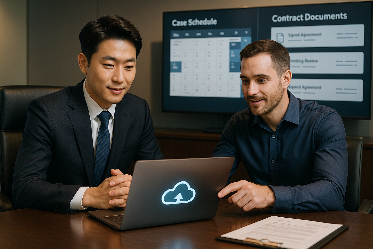 변호사와 IT 매니저가 클라우드 시스템 시연